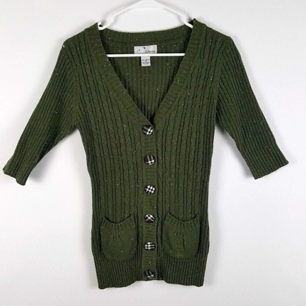Idaisy Womens Cardigan Sweater Green Medium Button Up Ladies 3/4 Sleeve Sweater